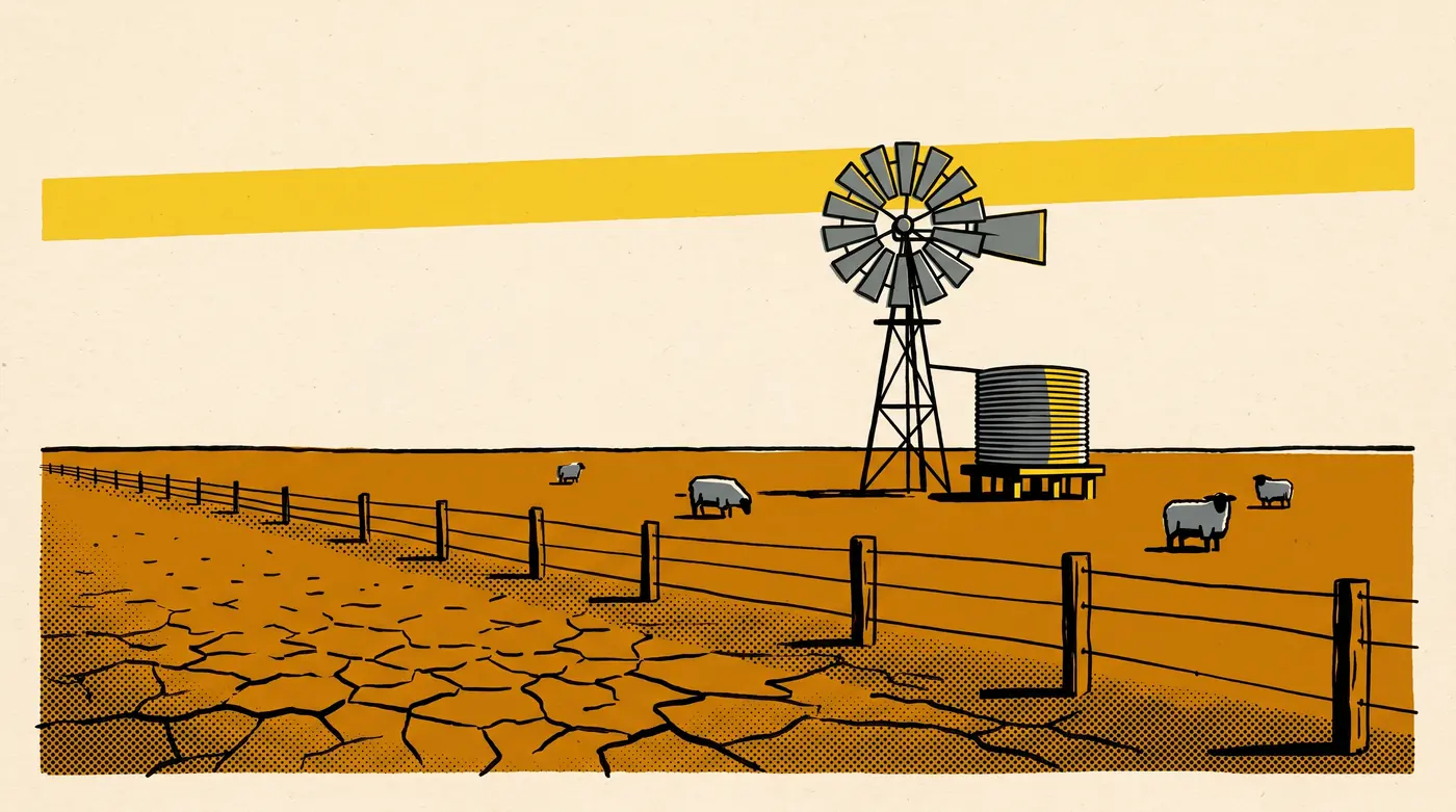 Flat screen-printed poster of a cracked ochre paddock with a windmill, a corrugated water tank and a wire fence running to a flat horizon