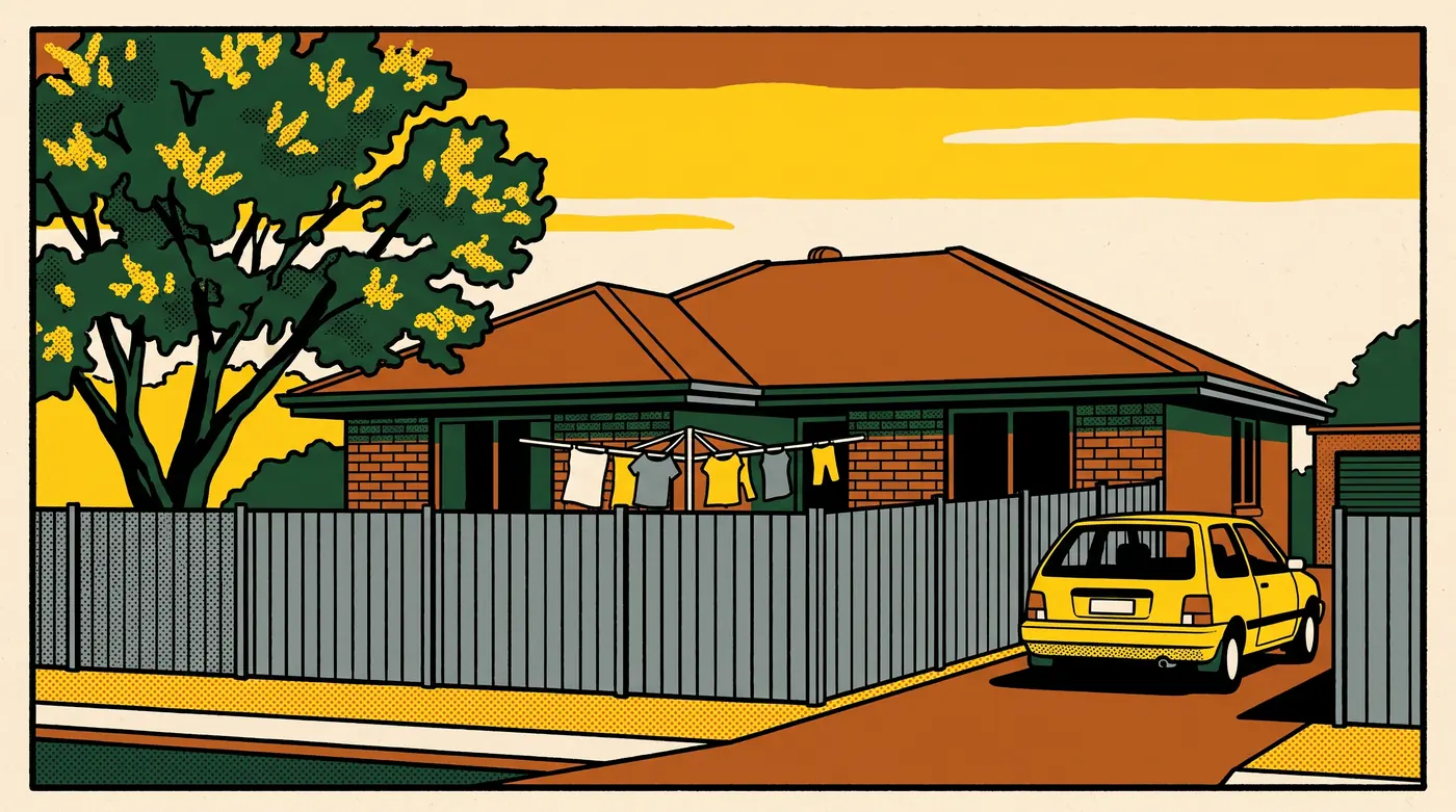 Flat screen-printed poster of a suburban brick and tile house behind a colorbond fence with a jacaranda tree and a hatchback in the driveway